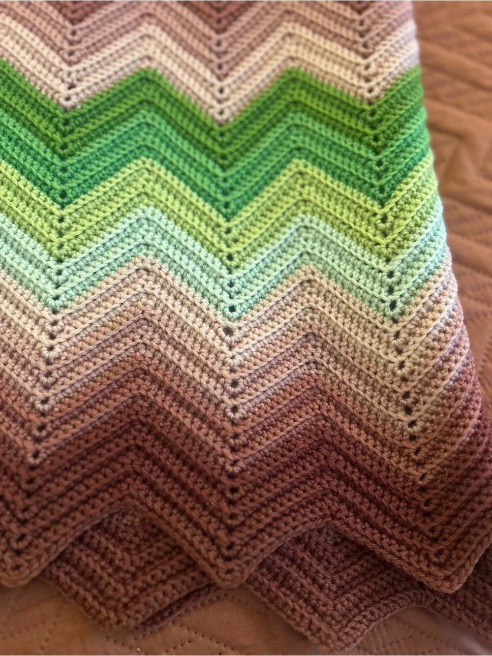 Vintage Handmade Chevron Crochet Throw in Greens and Pinks
